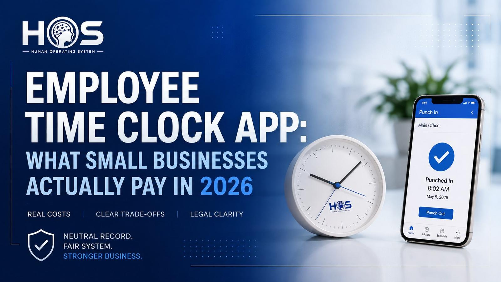 Employee Time Clock App: What Small Businesses Actually Pay in 2026 - a desk clock beside a phone showing a punched-in timestamp.