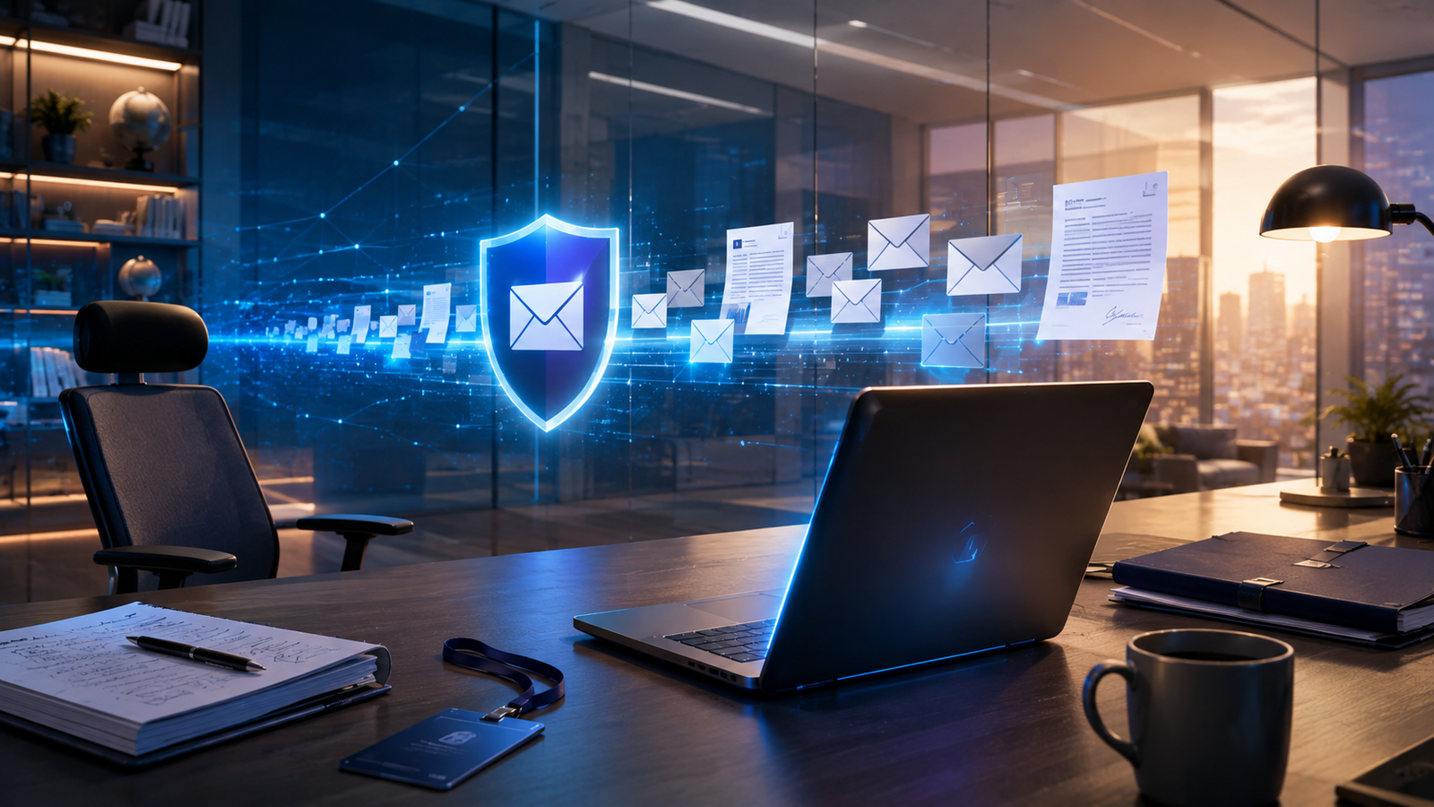A laptop on an office desk with a glowing blue security shield and email icons, representing encrypted business email
