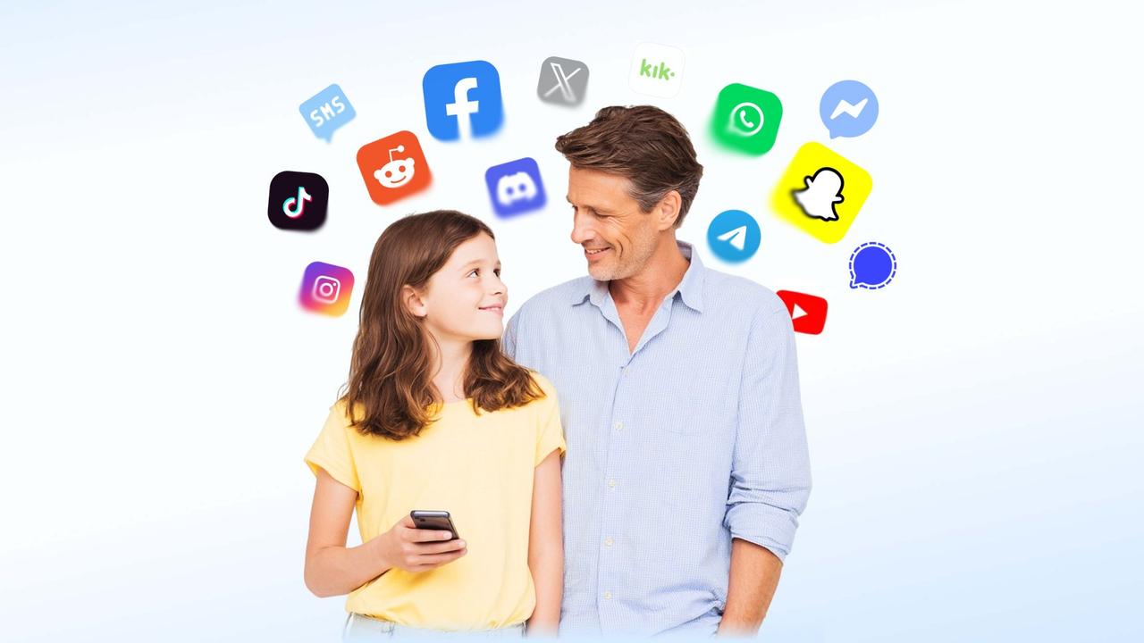 Official Wondershare FamiSafe promotional image showing a father and daughter with social app icons