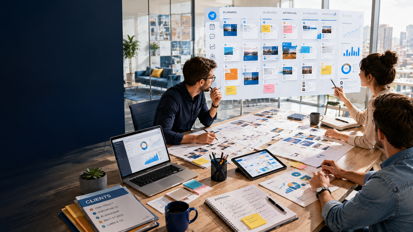 A team reviewing a social-media content calendar board with planning, approval and scheduling columns alongside performance charts